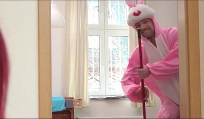 Latin charwoman rides Easter bunny's cock