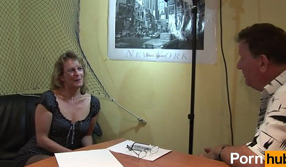 French granny with glasses double-stuffed and sprayed with cum