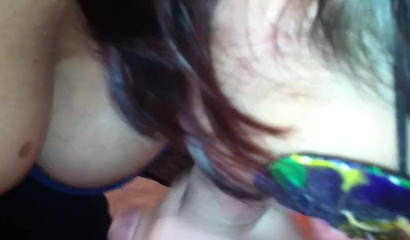 POV blowjob of a brunette stepmom with big tits