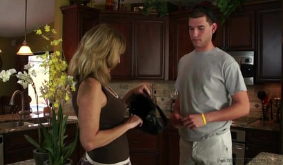 Stepmother Jodi West fucks son in kitchen after turning him on!