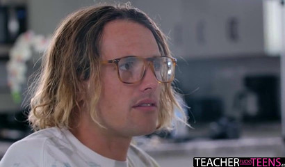 Tutor with juicy tits jerks him off then fucks him