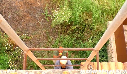 Chubby milf with short hair takes his cock outside