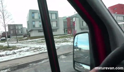 Granny with big milkers handcuffs a sub in a van