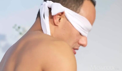 MOM Blindfolded husband tied up and fucked by wife in fishnet stockings